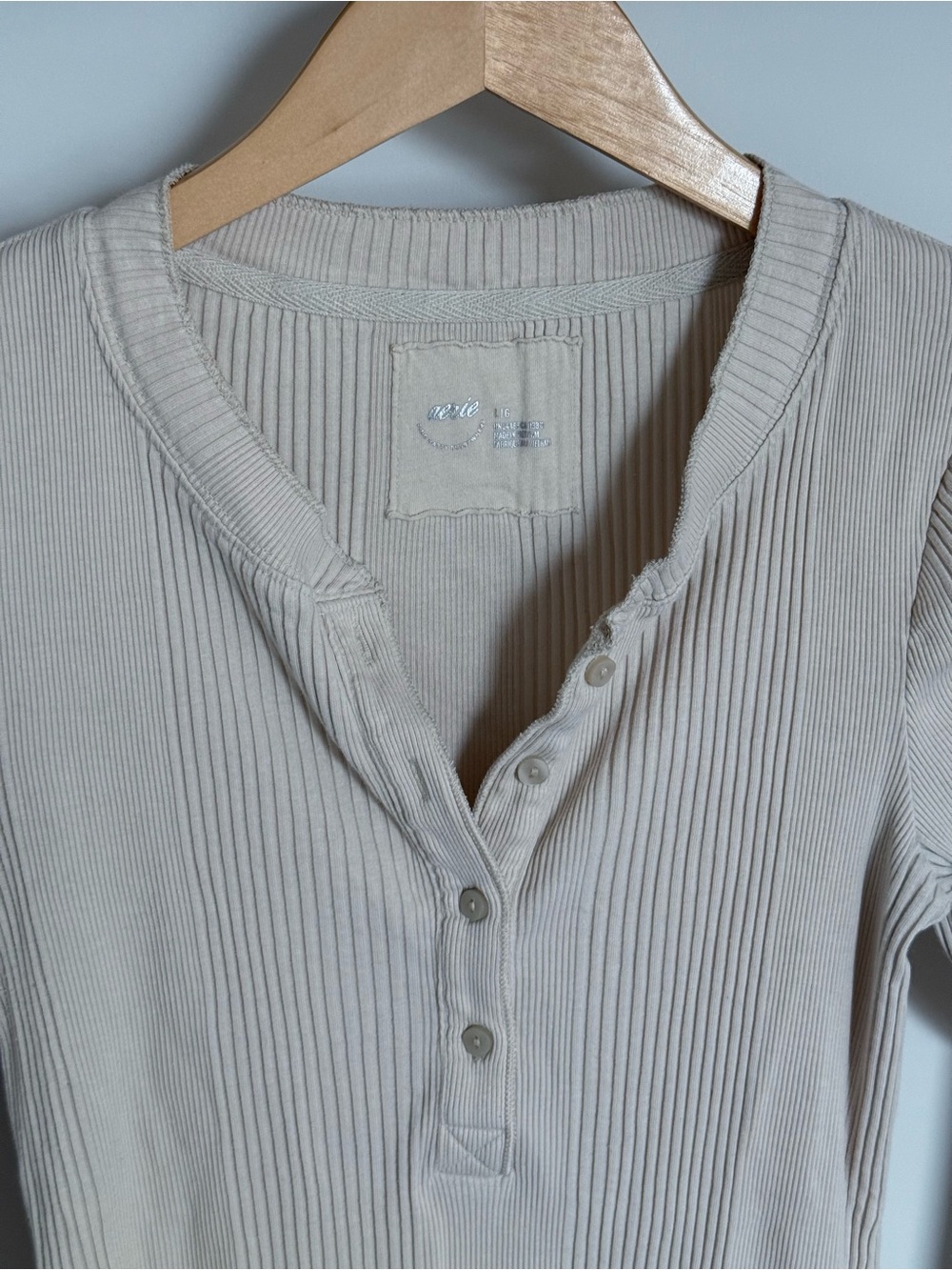 Aerie Road Trip Ribbed Knit Henley Long Sleeve Top Cappuccino Tan Large - Picture 5 of 11